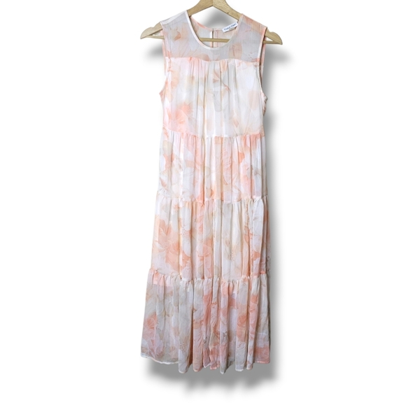 Calvin Klein Peach Floral Chiffon Midi Dress Soft Girl Tie Waist Tiered Size 2 - Picture 2 of 12
